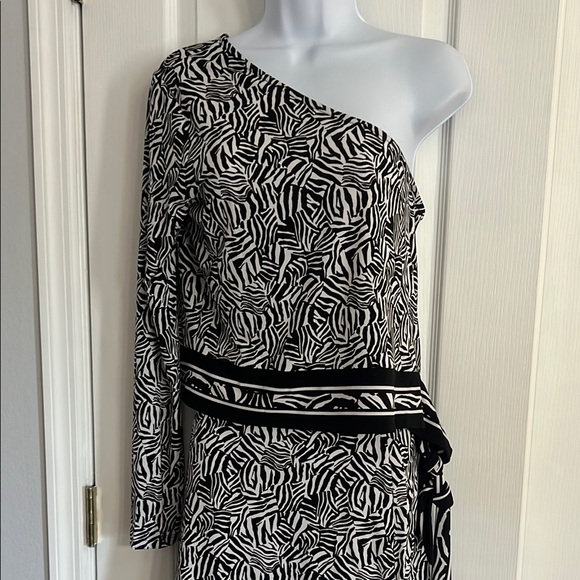 Black and White Zebra print One-Shoulder top and matching skirt.